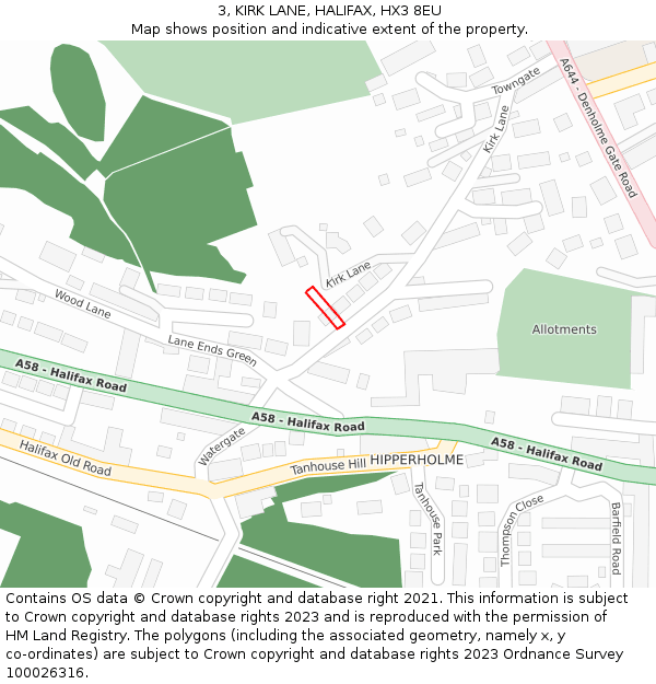 3, KIRK LANE, HALIFAX, HX3 8EU: Location map and indicative extent of plot