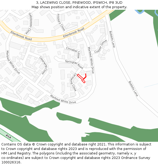 3, LACEWING CLOSE, PINEWOOD, IPSWICH, IP8 3UD: Location map and indicative extent of plot