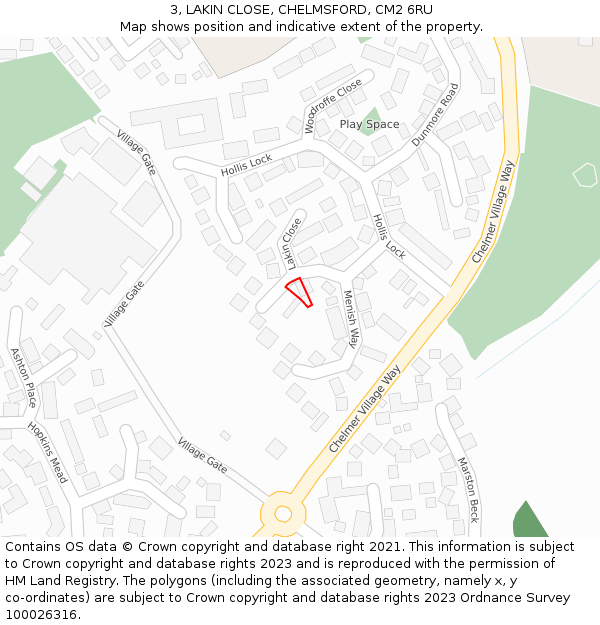 3, LAKIN CLOSE, CHELMSFORD, CM2 6RU: Location map and indicative extent of plot
