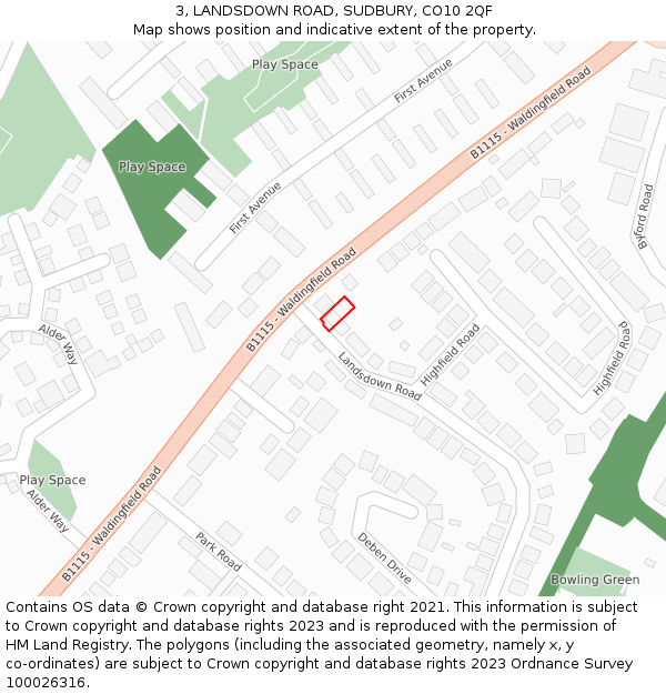 3, LANDSDOWN ROAD, SUDBURY, CO10 2QF: Location map and indicative extent of plot