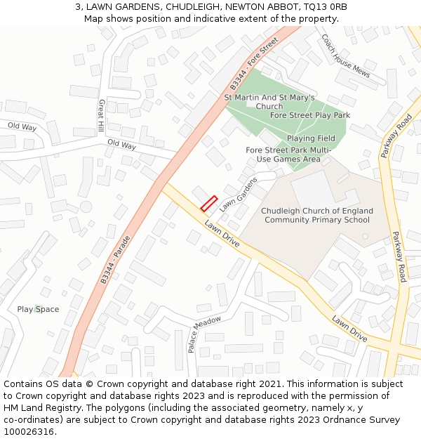 3, LAWN GARDENS, CHUDLEIGH, NEWTON ABBOT, TQ13 0RB: Location map and indicative extent of plot