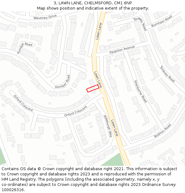 3, LAWN LANE, CHELMSFORD, CM1 6NP: Location map and indicative extent of plot