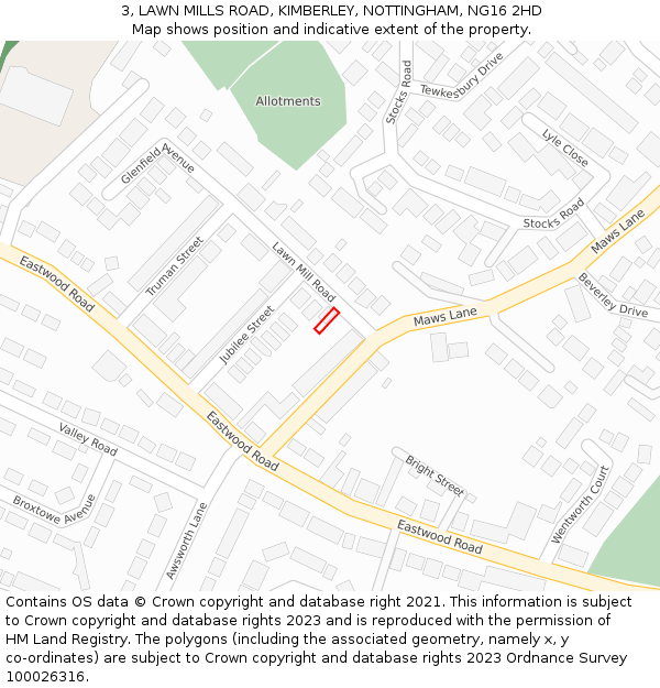 3, LAWN MILLS ROAD, KIMBERLEY, NOTTINGHAM, NG16 2HD: Location map and indicative extent of plot
