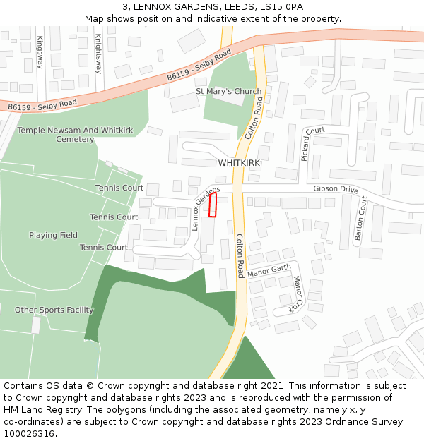 3, LENNOX GARDENS, LEEDS, LS15 0PA: Location map and indicative extent of plot