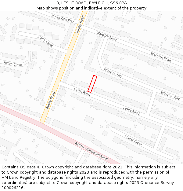 3, LESLIE ROAD, RAYLEIGH, SS6 8PA: Location map and indicative extent of plot