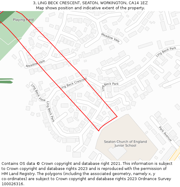 3, LING BECK CRESCENT, SEATON, WORKINGTON, CA14 1EZ: Location map and indicative extent of plot