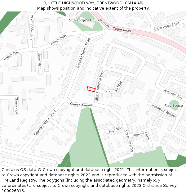 3, LITTLE HIGHWOOD WAY, BRENTWOOD, CM14 4RJ: Location map and indicative extent of plot