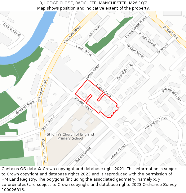 3, LODGE CLOSE, RADCLIFFE, MANCHESTER, M26 1QZ: Location map and indicative extent of plot