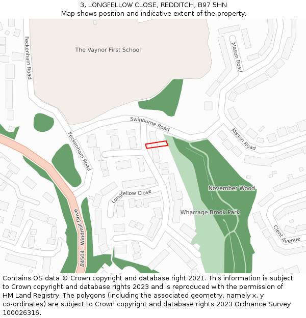 3, LONGFELLOW CLOSE, REDDITCH, B97 5HN: Location map and indicative extent of plot