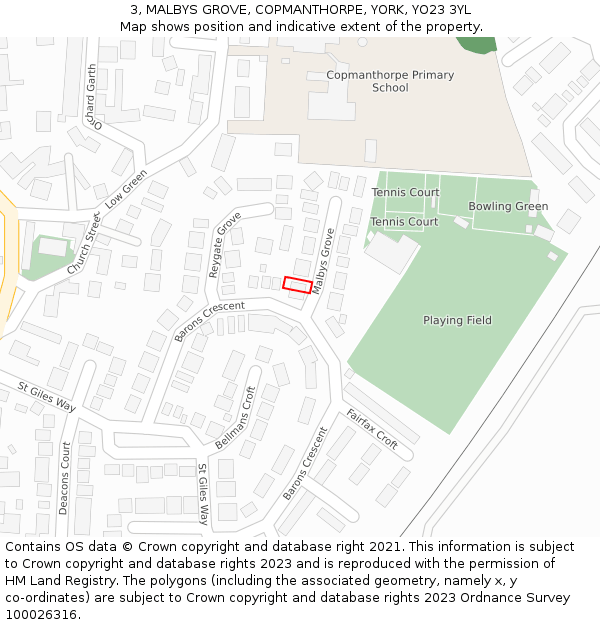 3, MALBYS GROVE, COPMANTHORPE, YORK, YO23 3YL: Location map and indicative extent of plot