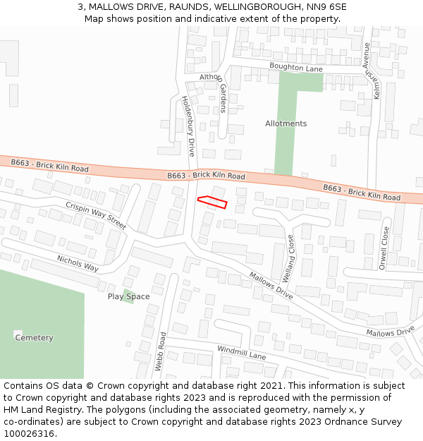3, MALLOWS DRIVE, RAUNDS, WELLINGBOROUGH, NN9 6SE: Location map and indicative extent of plot