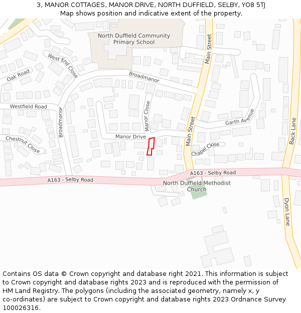 3, MANOR COTTAGES, MANOR DRIVE, NORTH DUFFIELD, SELBY, YO8 5TJ: Location map and indicative extent of plot
