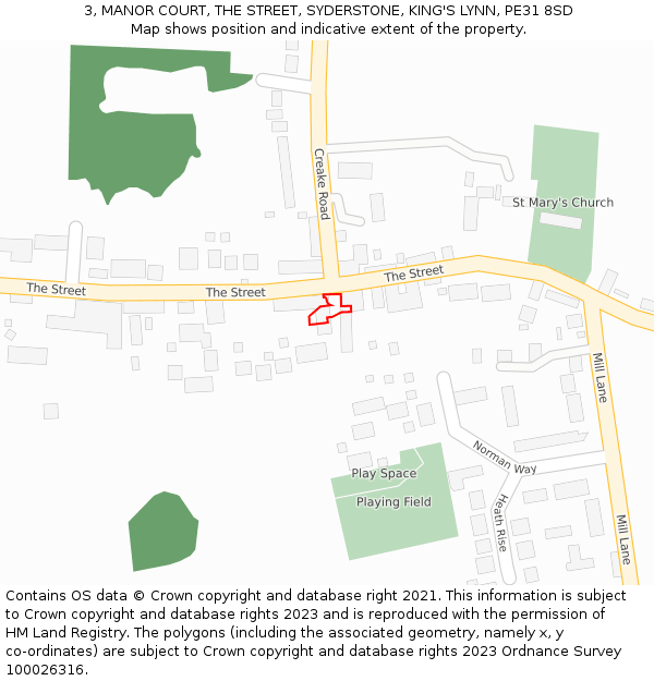 3, MANOR COURT, THE STREET, SYDERSTONE, KING'S LYNN, PE31 8SD: Location map and indicative extent of plot