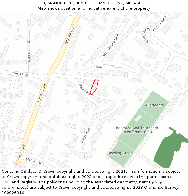 3, MANOR RISE, BEARSTED, MAIDSTONE, ME14 4DB: Location map and indicative extent of plot