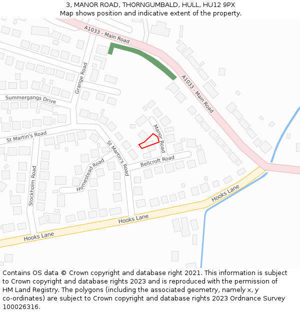 3, MANOR ROAD, THORNGUMBALD, HULL, HU12 9PX: Location map and indicative extent of plot
