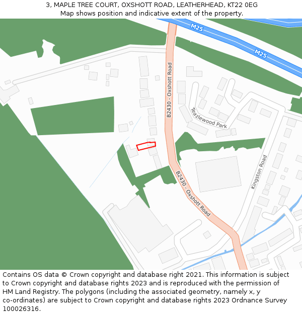 3, MAPLE TREE COURT, OXSHOTT ROAD, LEATHERHEAD, KT22 0EG: Location map and indicative extent of plot