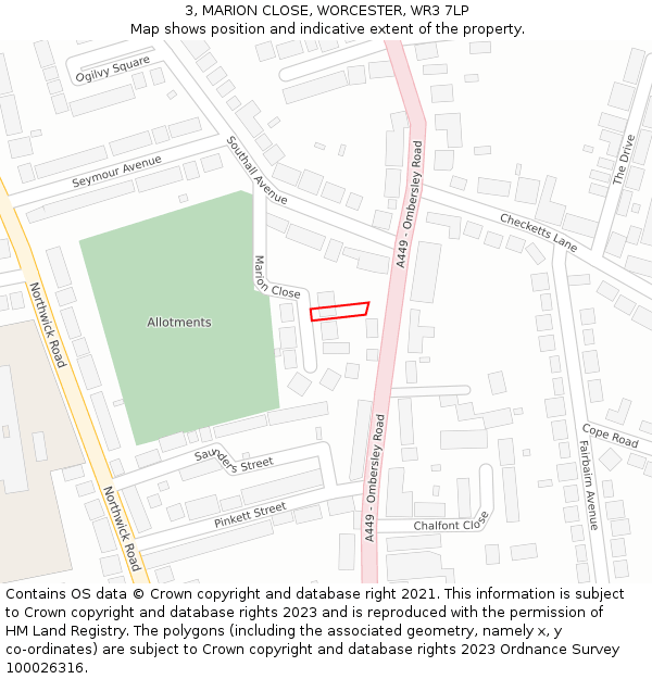 3, MARION CLOSE, WORCESTER, WR3 7LP: Location map and indicative extent of plot