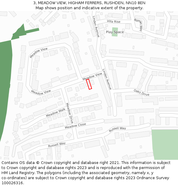 3, MEADOW VIEW, HIGHAM FERRERS, RUSHDEN, NN10 8EN: Location map and indicative extent of plot