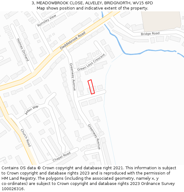 3, MEADOWBROOK CLOSE, ALVELEY, BRIDGNORTH, WV15 6PD: Location map and indicative extent of plot