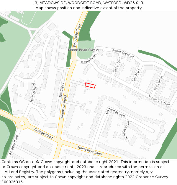 3, MEADOWSIDE, WOODSIDE ROAD, WATFORD, WD25 0LB: Location map and indicative extent of plot