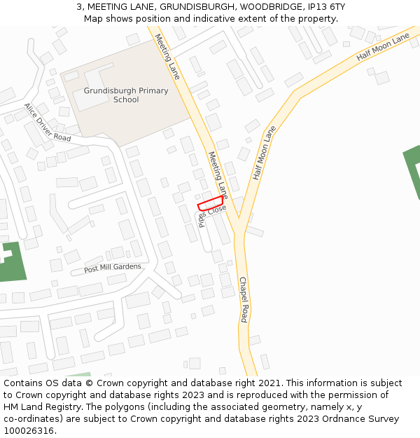 3, MEETING LANE, GRUNDISBURGH, WOODBRIDGE, IP13 6TY: Location map and indicative extent of plot