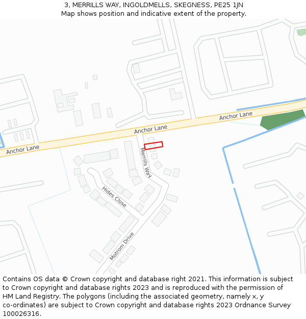 3, MERRILLS WAY, INGOLDMELLS, SKEGNESS, PE25 1JN: Location map and indicative extent of plot