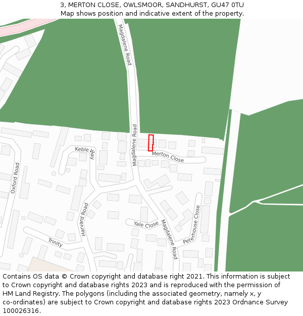 3, MERTON CLOSE, OWLSMOOR, SANDHURST, GU47 0TU: Location map and indicative extent of plot