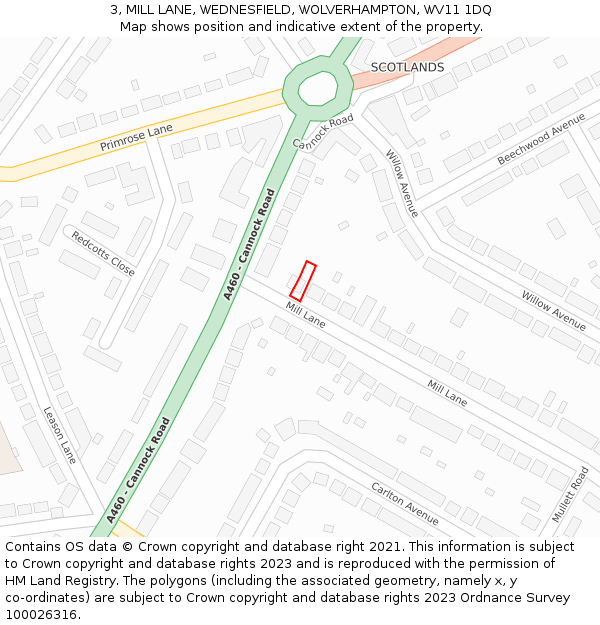3, MILL LANE, WEDNESFIELD, WOLVERHAMPTON, WV11 1DQ: Location map and indicative extent of plot