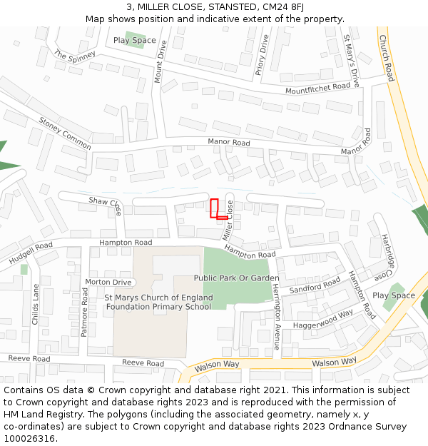 3, MILLER CLOSE, STANSTED, CM24 8FJ: Location map and indicative extent of plot