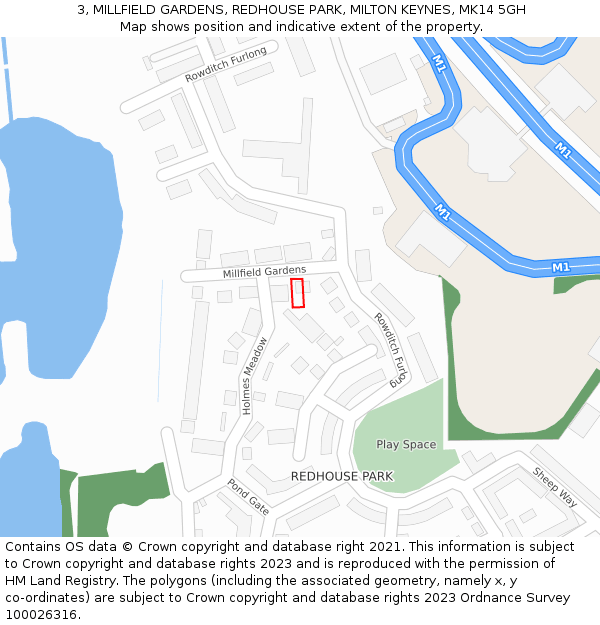 3, MILLFIELD GARDENS, REDHOUSE PARK, MILTON KEYNES, MK14 5GH: Location map and indicative extent of plot