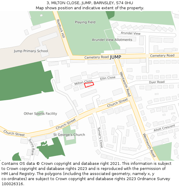 3, MILTON CLOSE, JUMP, BARNSLEY, S74 0HU: Location map and indicative extent of plot