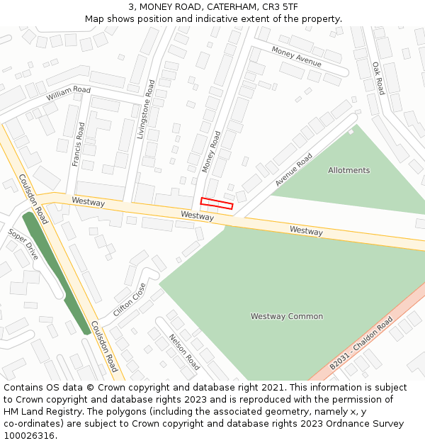 3, MONEY ROAD, CATERHAM, CR3 5TF: Location map and indicative extent of plot