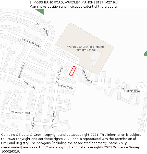 3, MOSS BANK ROAD, WARDLEY, MANCHESTER, M27 9UJ: Location map and indicative extent of plot