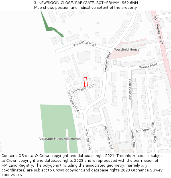 3, NEWBIGGIN CLOSE, PARKGATE, ROTHERHAM, S62 6NN: Location map and indicative extent of plot