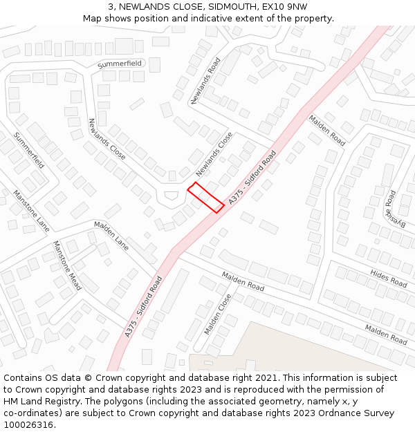 3, NEWLANDS CLOSE, SIDMOUTH, EX10 9NW: Location map and indicative extent of plot