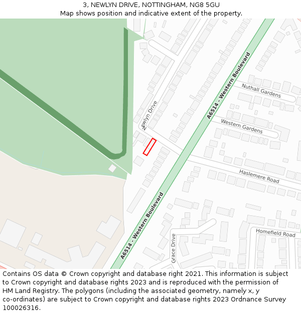 3, NEWLYN DRIVE, NOTTINGHAM, NG8 5GU: Location map and indicative extent of plot