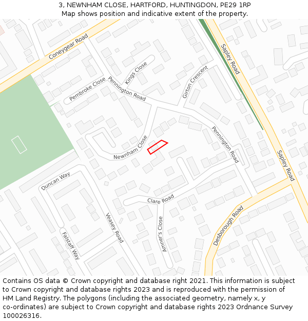 3, NEWNHAM CLOSE, HARTFORD, HUNTINGDON, PE29 1RP: Location map and indicative extent of plot