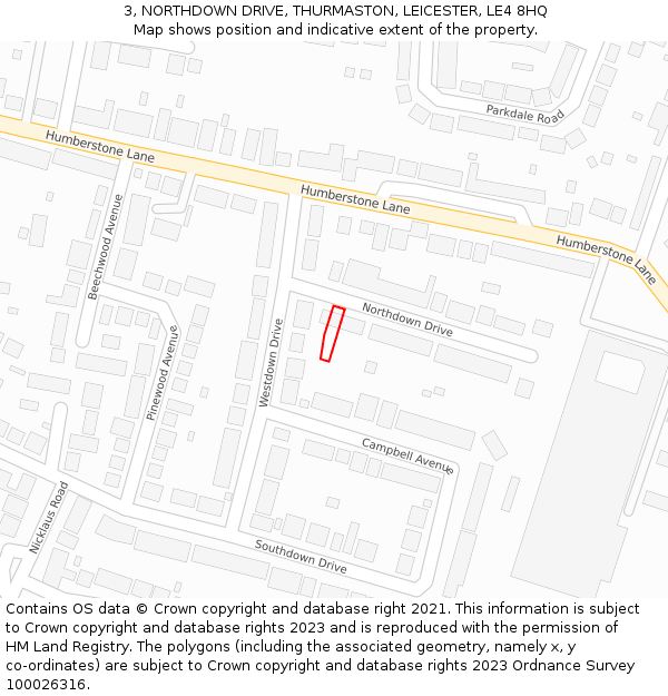 3, NORTHDOWN DRIVE, THURMASTON, LEICESTER, LE4 8HQ: Location map and indicative extent of plot