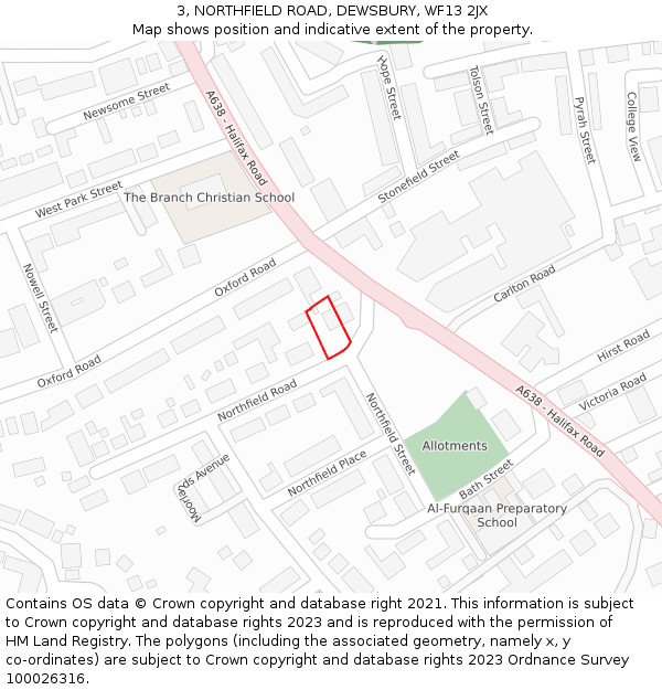 3, NORTHFIELD ROAD, DEWSBURY, WF13 2JX: Location map and indicative extent of plot