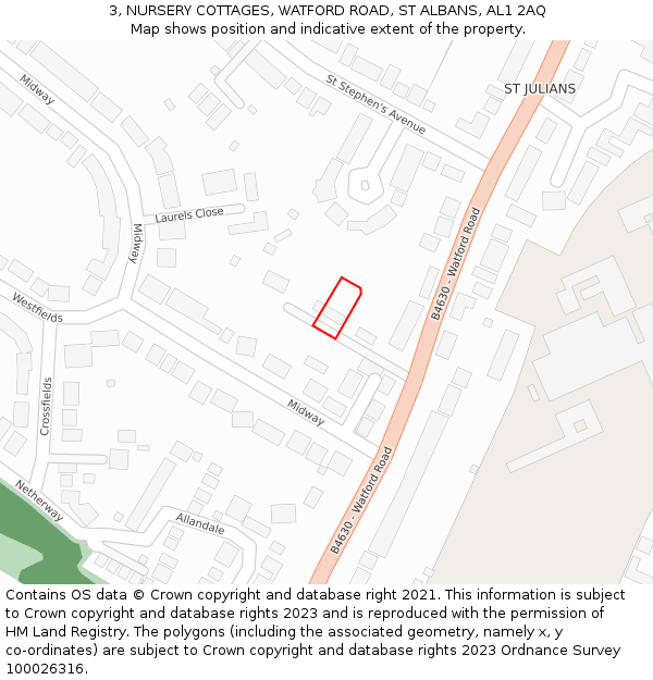 3, NURSERY COTTAGES, WATFORD ROAD, ST ALBANS, AL1 2AQ: Location map and indicative extent of plot