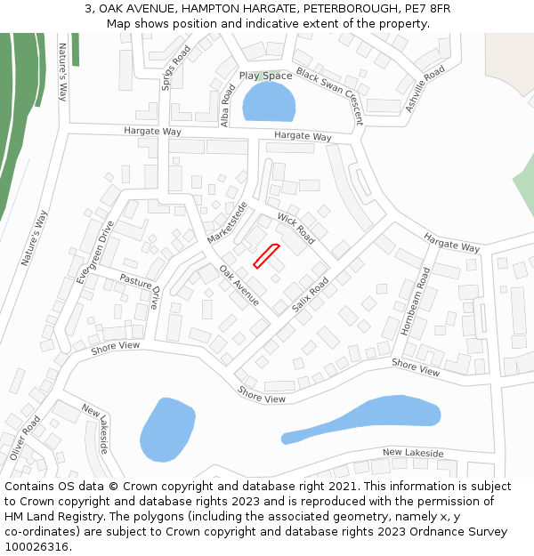 3, OAK AVENUE, HAMPTON HARGATE, PETERBOROUGH, PE7 8FR: Location map and indicative extent of plot