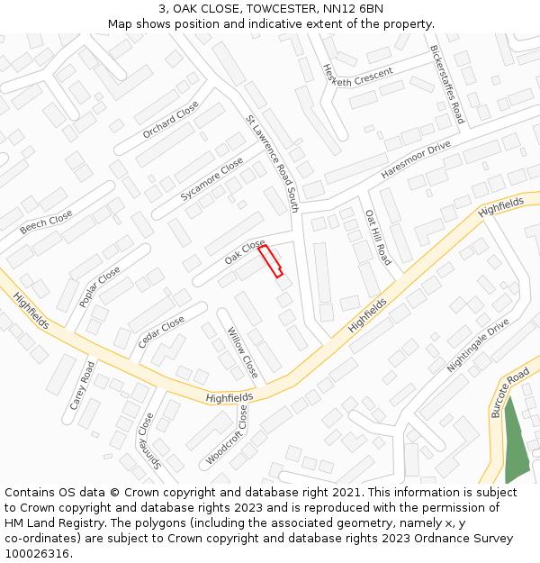 3, OAK CLOSE, TOWCESTER, NN12 6BN: Location map and indicative extent of plot