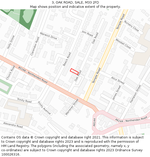 3, OAK ROAD, SALE, M33 2FD: Location map and indicative extent of plot