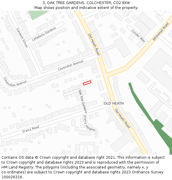 3, OAK TREE GARDENS, COLCHESTER, CO2 8XW: Location map and indicative extent of plot