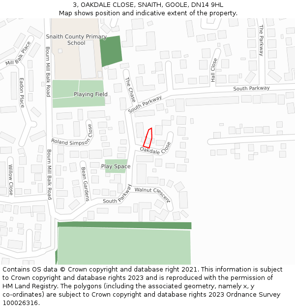3, OAKDALE CLOSE, SNAITH, GOOLE, DN14 9HL: Location map and indicative extent of plot