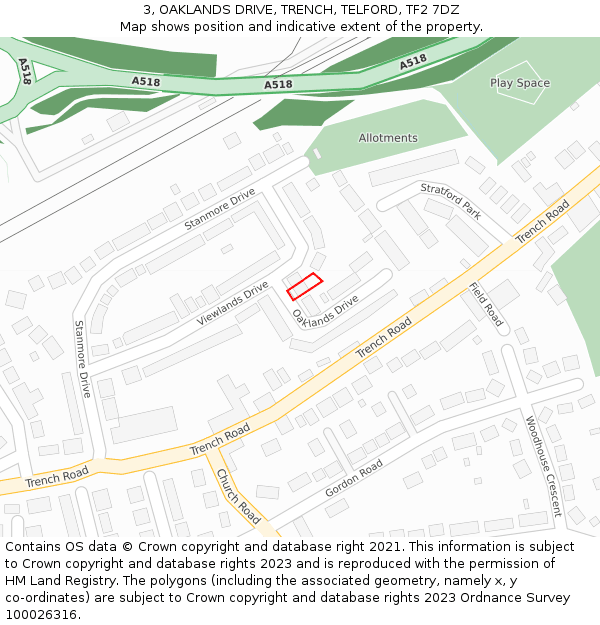 3, OAKLANDS DRIVE, TRENCH, TELFORD, TF2 7DZ: Location map and indicative extent of plot