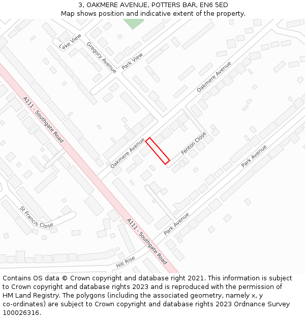 3, OAKMERE AVENUE, POTTERS BAR, EN6 5ED: Location map and indicative extent of plot