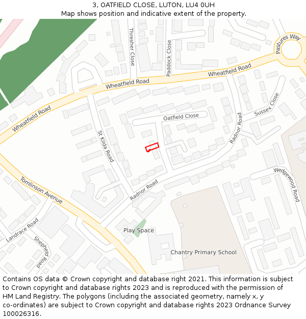 3, OATFIELD CLOSE, LUTON, LU4 0UH: Location map and indicative extent of plot