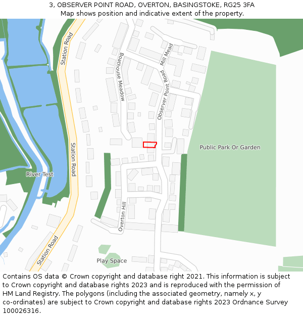 3, OBSERVER POINT ROAD, OVERTON, BASINGSTOKE, RG25 3FA: Location map and indicative extent of plot