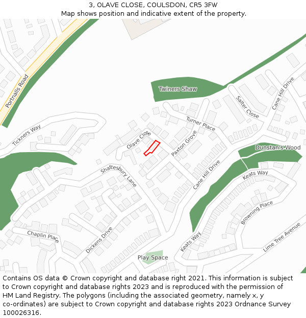 3, OLAVE CLOSE, COULSDON, CR5 3FW: Location map and indicative extent of plot